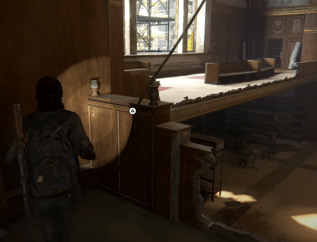 A women standing on the balcony and reaching for a rope to jump across the other side of her standpoint.